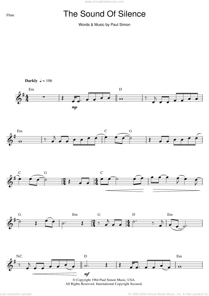 The Sound Of Silence sheet music for flute solo by Simon & Garfunkel and Paul Simon, intermediate skill level