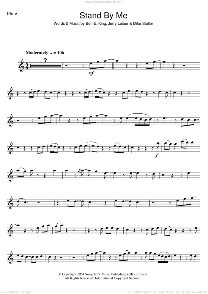 Stand By Me sheet music for flute solo by Ben E. King, Jerry Leiber and Mike Stoller, intermediate skill level