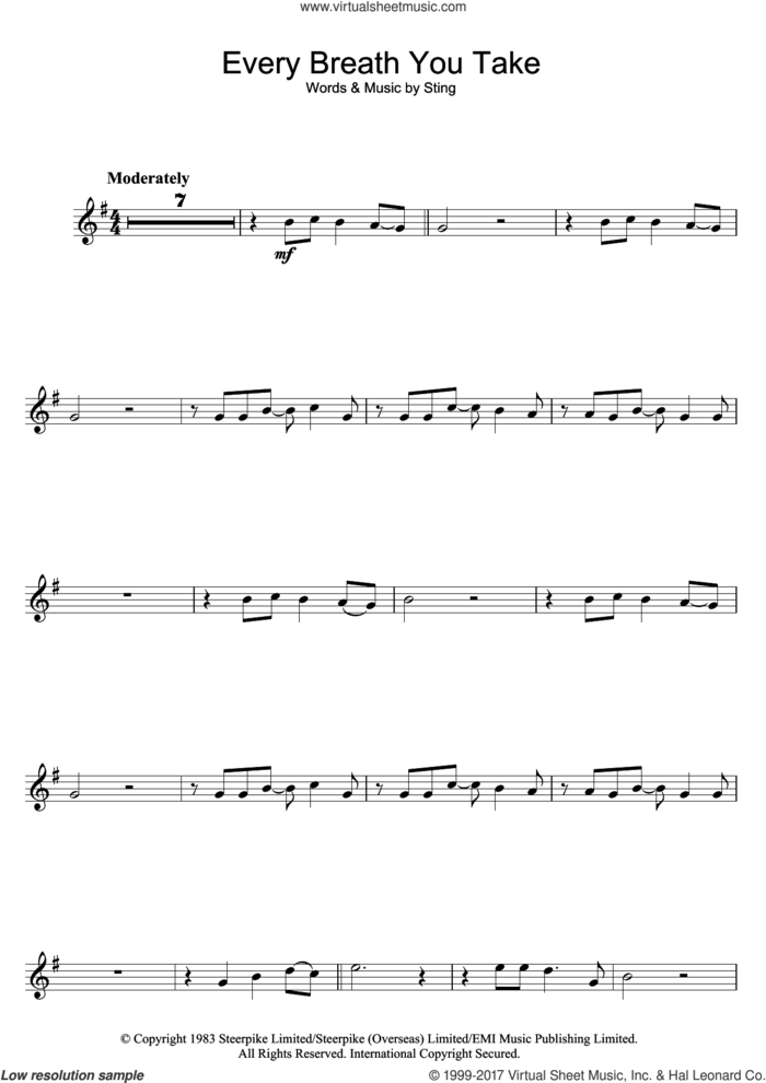 Every Breath You Take sheet music for flute solo by The Police and Sting, intermediate skill level