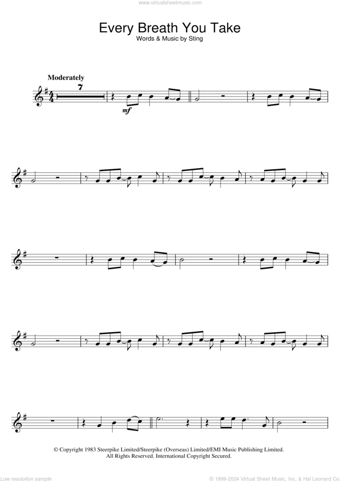 Every Breath You Take sheet music for flute solo by The Police and Sting, intermediate skill level