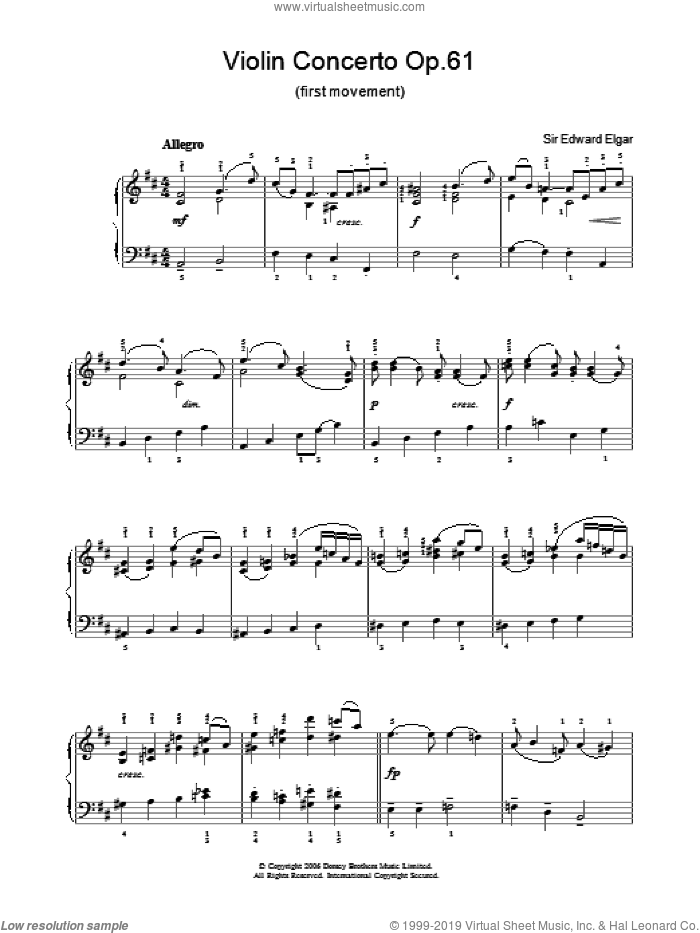 Violin Concerto Op.61 (first movement) sheet music for voice, piano or guitar by Edward Elgar, classical score, intermediate skill level