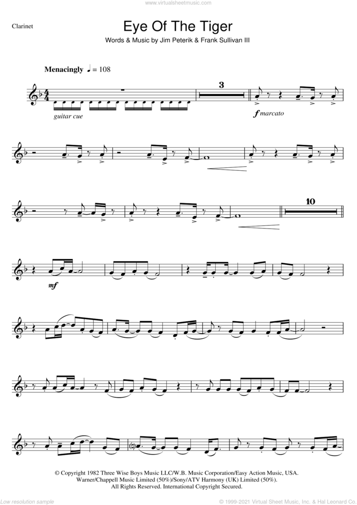 Eye Of The Tiger sheet music for clarinet solo by Survivor, Frank Sullivan and Jim Peterik, intermediate skill level