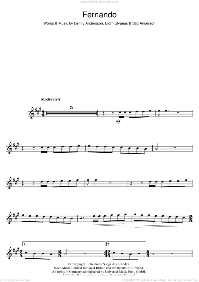 Fernando sheet music for violin solo by ABBA, Benny Andersson, Bjorn Ulvaeus and Stig Anderson, intermediate skill level