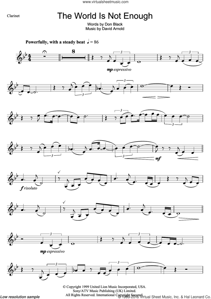 The World Is Not Enough sheet music for clarinet solo by Garbage, David Arnold and Don Black, intermediate skill level