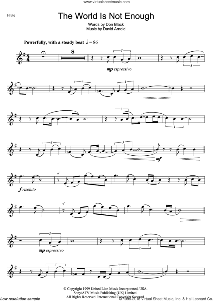 The World Is Not Enough sheet music for flute solo by Garbage, David Arnold and Don Black, intermediate skill level