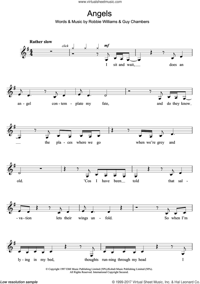 Angels sheet music for clarinet solo by Robbie Williams and Guy Chambers, intermediate skill level