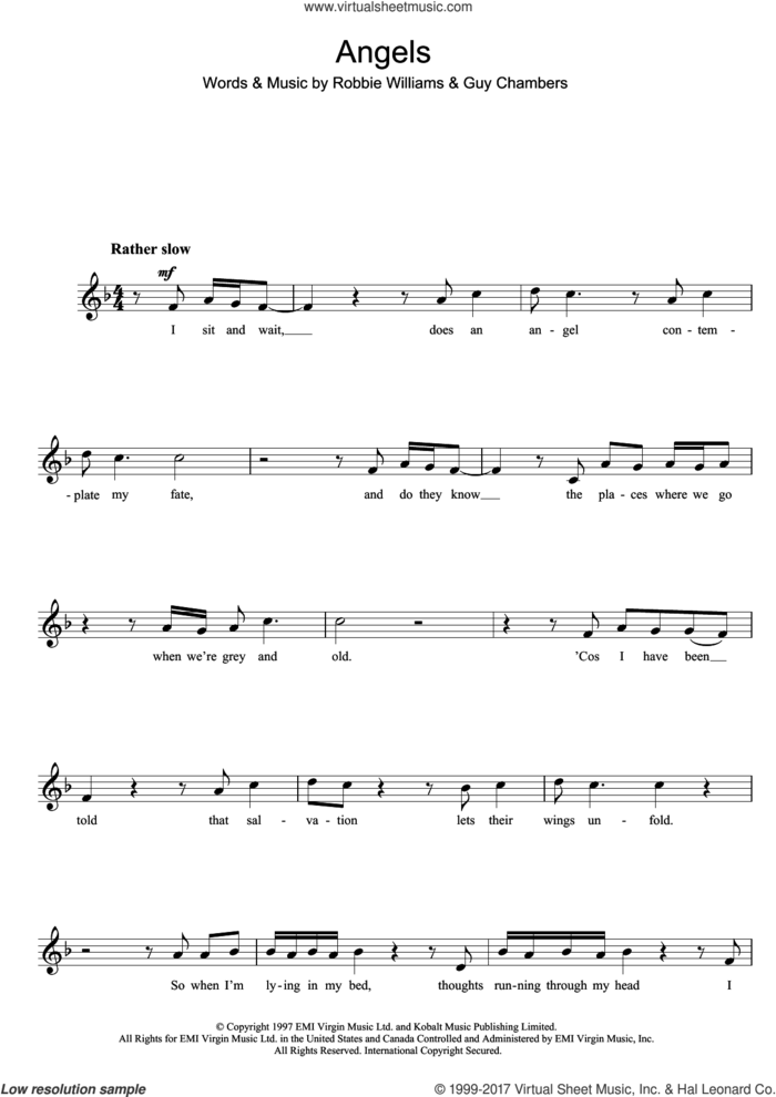 Angels sheet music for flute solo by Robbie Williams and Guy Chambers, intermediate skill level