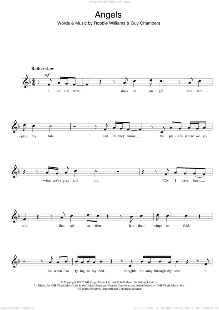 Angels sheet music for flute solo by Robbie Williams and Guy Chambers, intermediate skill level