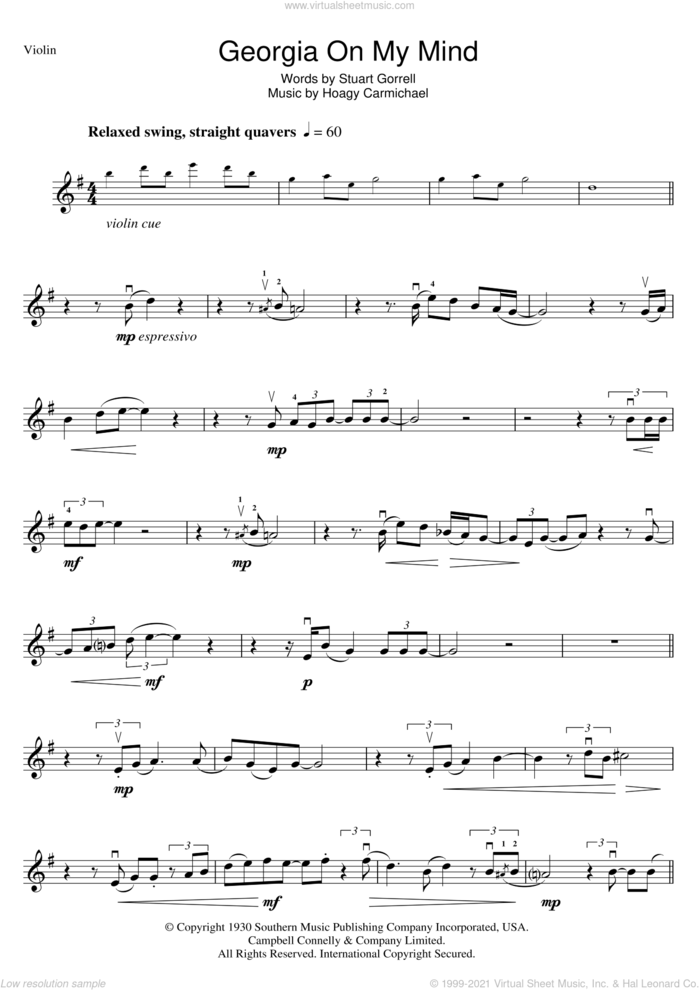 Georgia On My Mind sheet music for violin solo by Ray Charles, Hoagy Carmichael and Stuart Gorrell, intermediate skill level