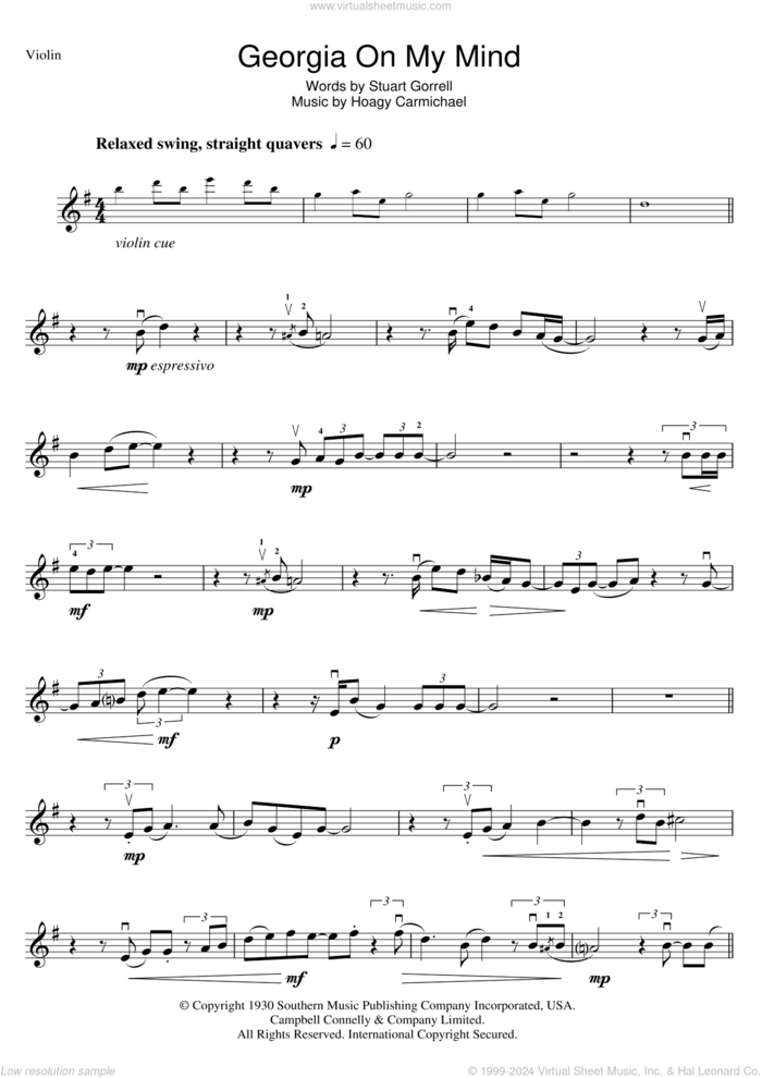 Georgia On My Mind sheet music for violin solo by Ray Charles, Hoagy Carmichael and Stuart Gorrell, intermediate skill level