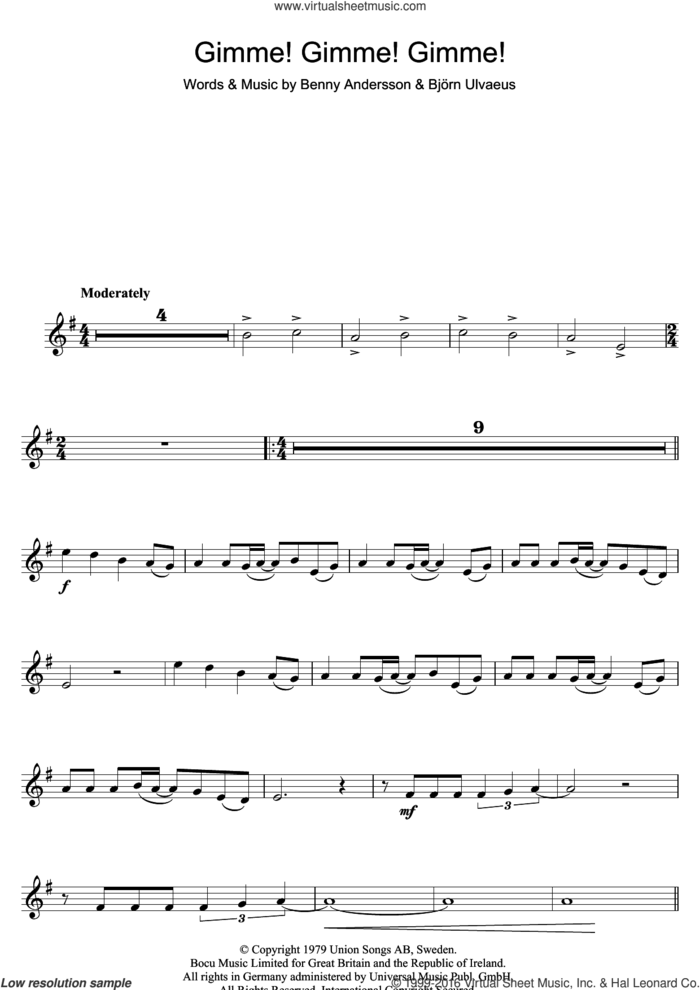 Gimme! Gimme! Gimme! (A Man After Midnight) sheet music for clarinet solo by ABBA, Benny Andersson and Bjorn Ulvaeus, intermediate skill level