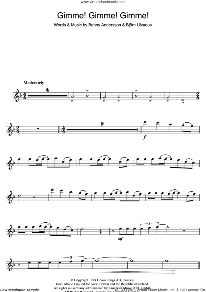 Gimme! Gimme! Gimme! (A Man After Midnight) sheet music for flute solo by ABBA, Benny Andersson and Bjorn Ulvaeus, intermediate skill level