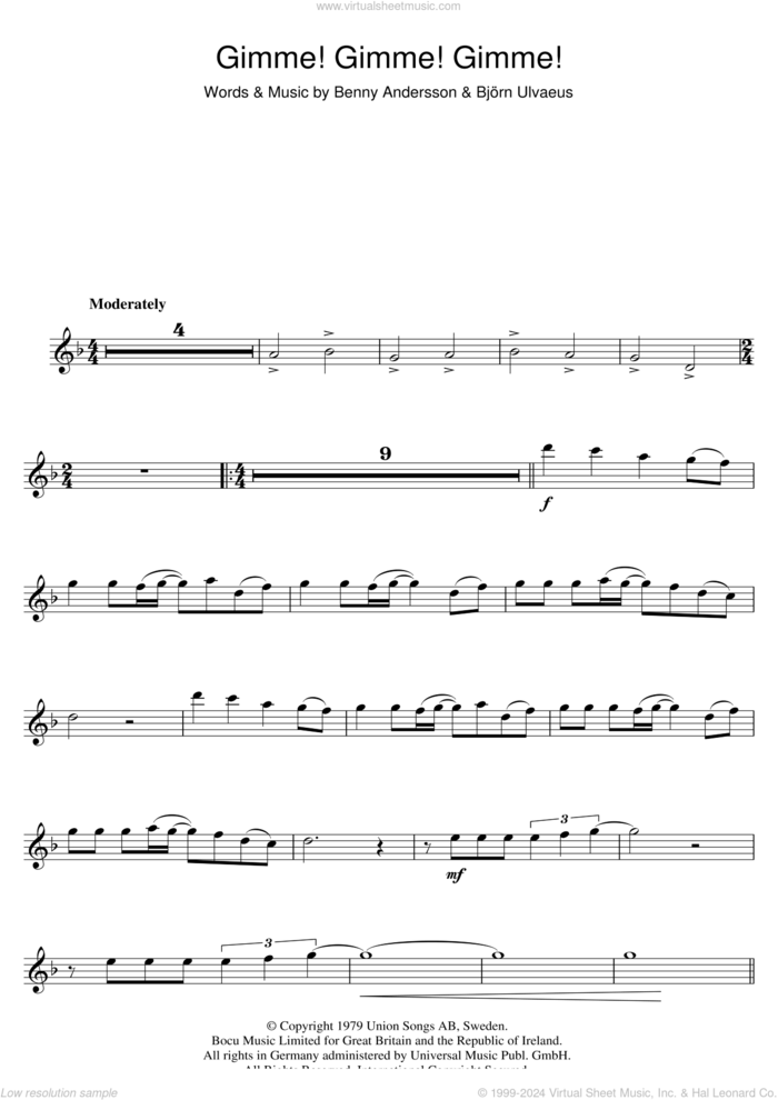 Gimme! Gimme! Gimme! (A Man After Midnight) sheet music for flute solo by ABBA, Benny Andersson and Bjorn Ulvaeus, intermediate skill level