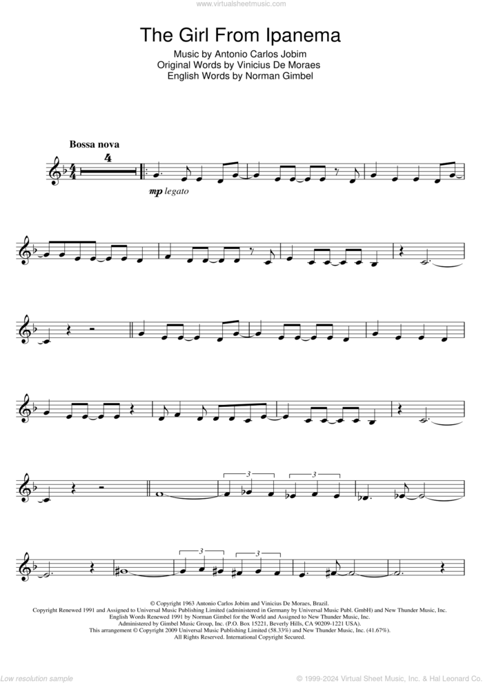 The Girl From Ipanema (Garota De Ipanema) sheet music for clarinet solo by Antonio Carlos Jobim, Norman Gimbel and Vinicius de Moraes, intermediate skill level