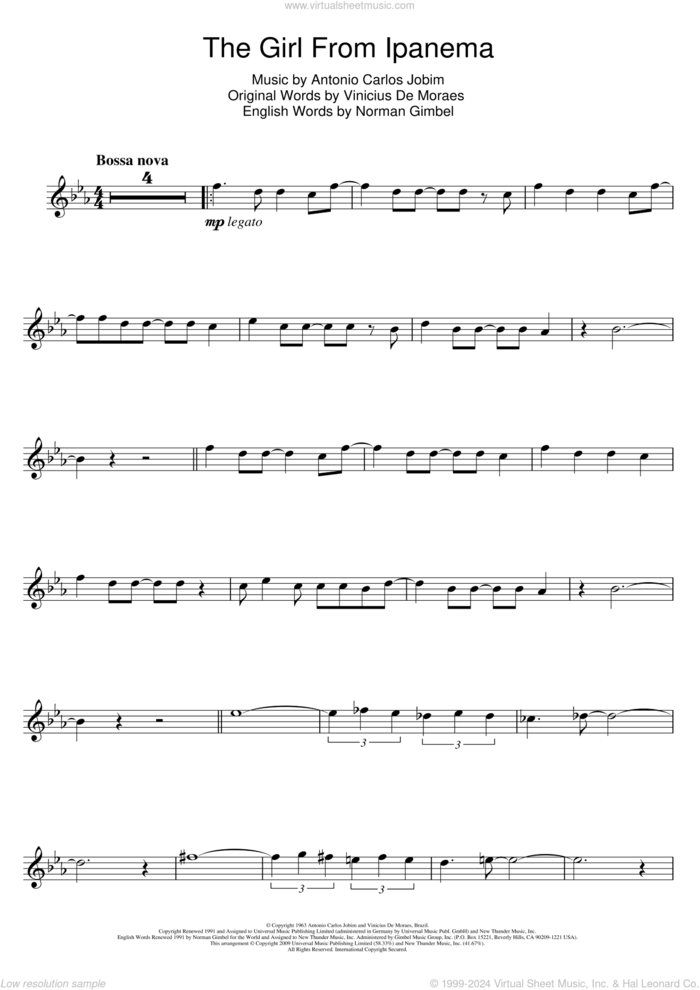 The Girl From Ipanema (feat. Astrud Gilberto) sheet music for flute solo by Stan Getz & João Gilberto, Antonio Carlos Jobim, Norman Gimbel and Vinicius de Moraes, intermediate skill level