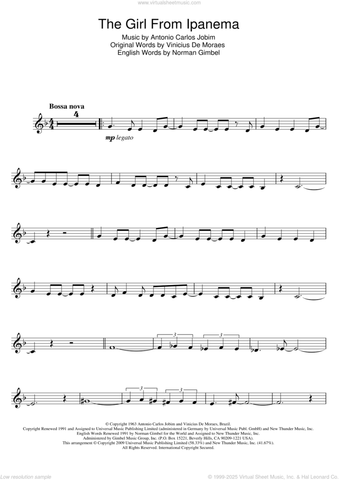 The Girl From Ipanema (Garota De Ipanema) sheet music for trumpet solo by Antonio Carlos Jobim, Norman Gimbel and Vinicius de Moraes, intermediate skill level