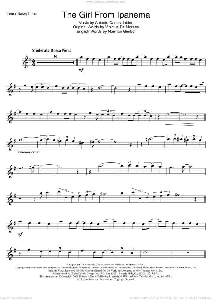 The Girl From Ipanema (feat. Astrud Gilberto) sheet music for tenor saxophone solo by Stan Getz & João Gilberto, Antonio Carlos Jobim, Norman Gimbel and Vinicius de Moraes, intermediate skill level