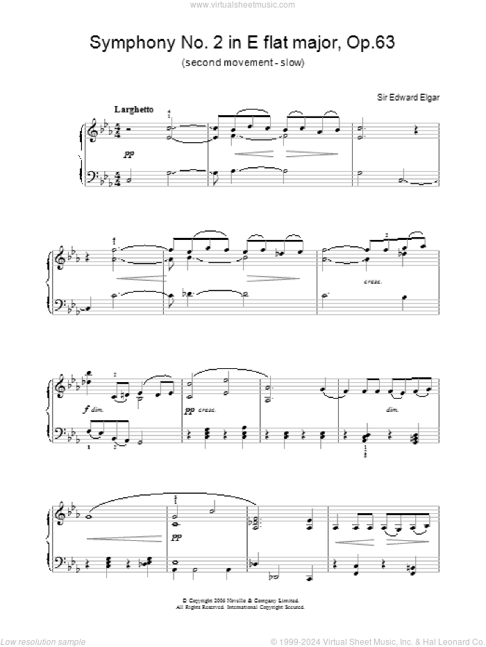 Symphony No.2 In E Flat Major, Op.63 (second movement - slow) sheet music for voice, piano or guitar by Edward Elgar, classical score, intermediate skill level