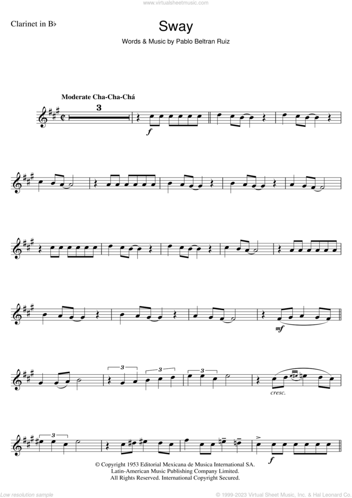 Sway (Quien Sera) sheet music for clarinet solo by Pablo Beltran Ruiz, intermediate skill level