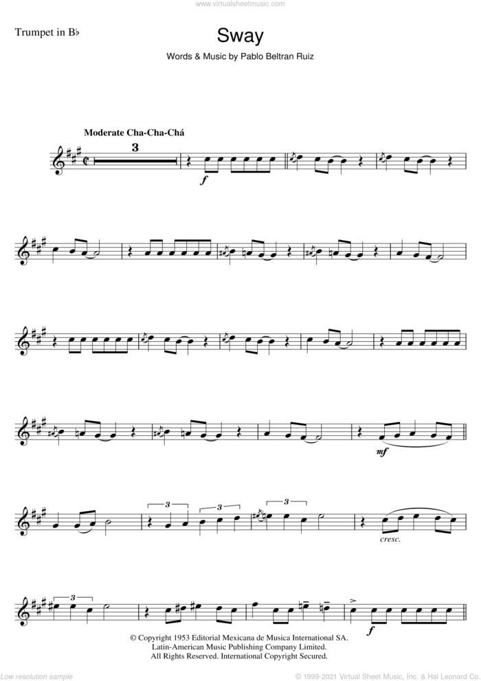 Sway (Quien Sera) sheet music for trumpet solo by Pablo Beltran Ruiz, intermediate skill level