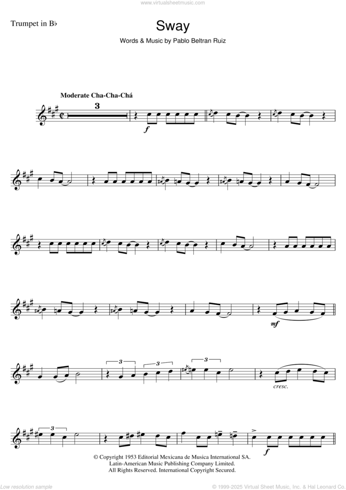 Sway (Quien Sera) sheet music for trumpet solo by Pablo Beltran Ruiz, intermediate skill level