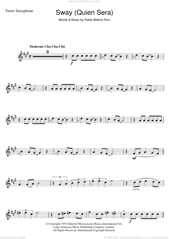 Sway (Quien Sera) sheet music for tenor saxophone solo by Pablo Beltran Ruiz, intermediate skill level