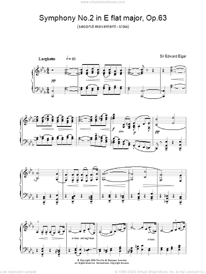 Symphony No.2 In E Flat Major, Op.63 (second movement - slow) sheet music for piano solo by Edward Elgar, classical score, intermediate skill level