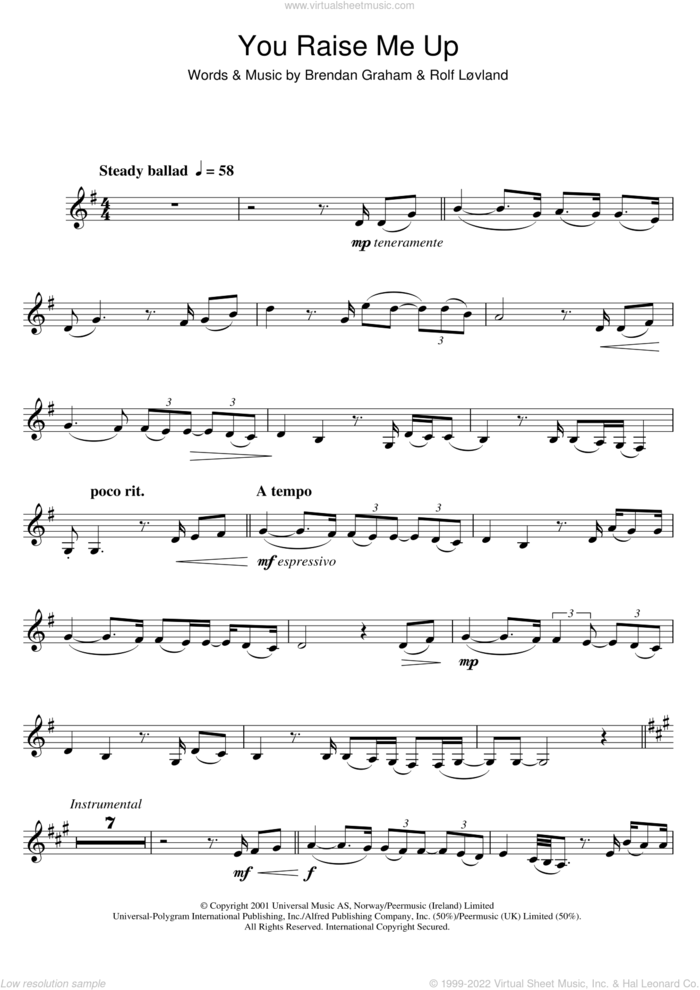 You Raise Me Up sheet music for clarinet solo by Westlife, Brendan Graham, Rolf LAAuvland and Rolf LAuvland, wedding score, intermediate skill level