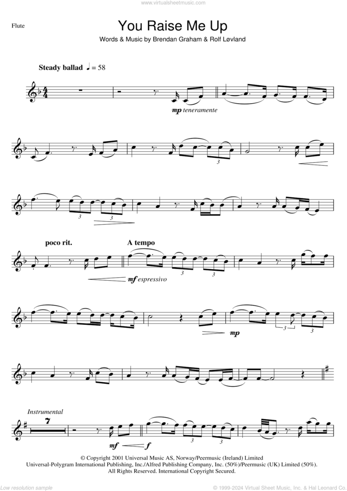 You Raise Me Up sheet music for flute solo by Westlife, Brendan Graham, Rolf LAAuvland and Rolf LAuvland, wedding score, intermediate skill level