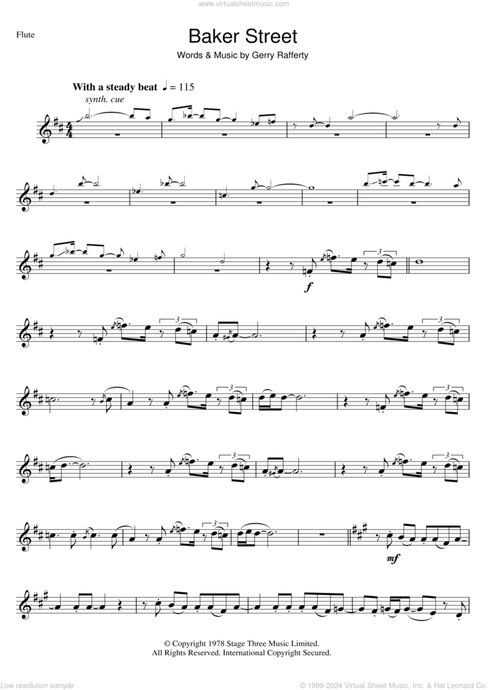 Baker Street sheet music for flute solo by Gerry Rafferty, intermediate skill level