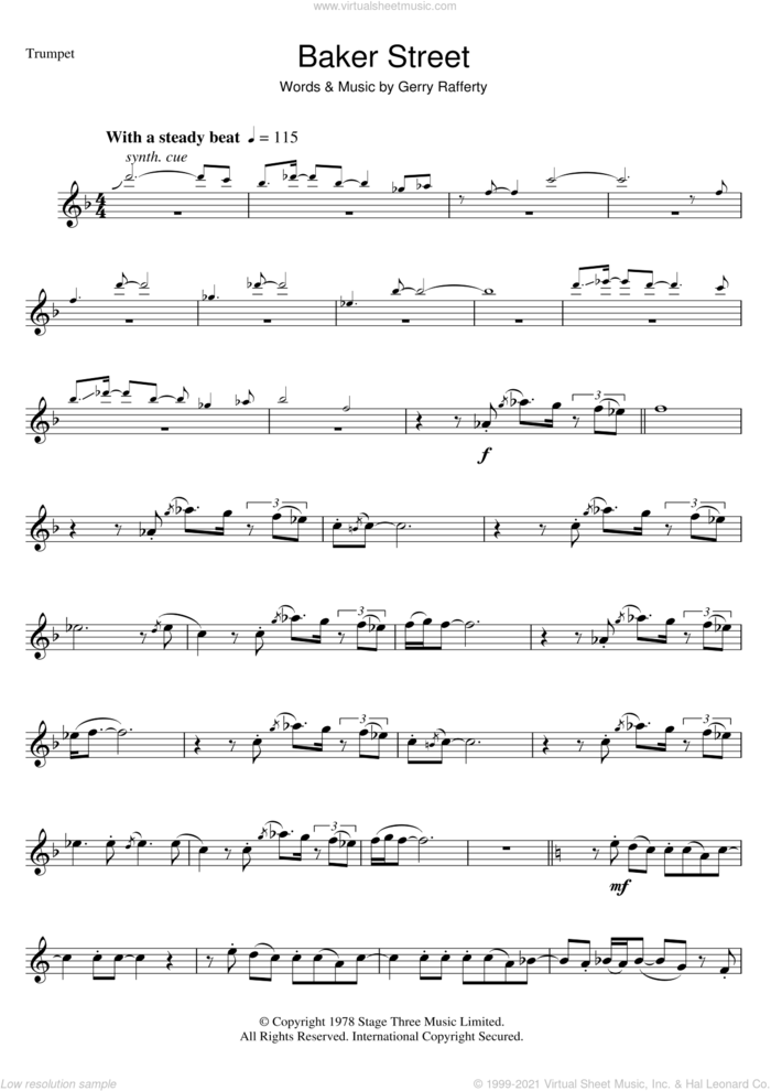 Baker Street sheet music for trumpet solo by Gerry Rafferty, intermediate skill level