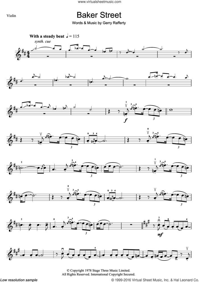 Baker Street sheet music for violin solo by Gerry Rafferty, intermediate skill level
