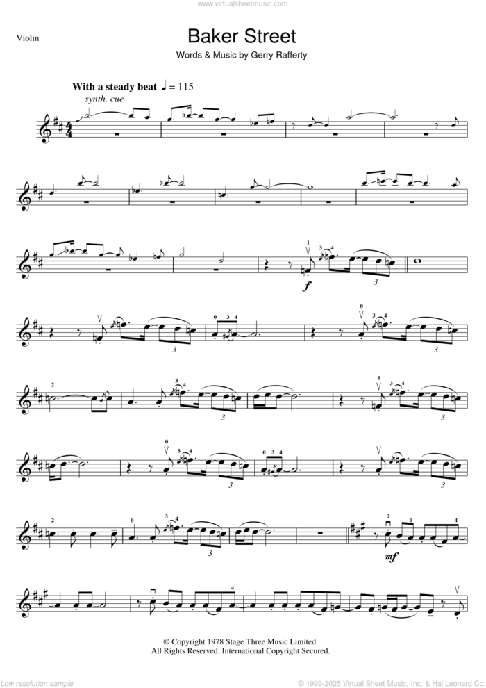 Baker Street sheet music for violin solo by Gerry Rafferty, intermediate skill level