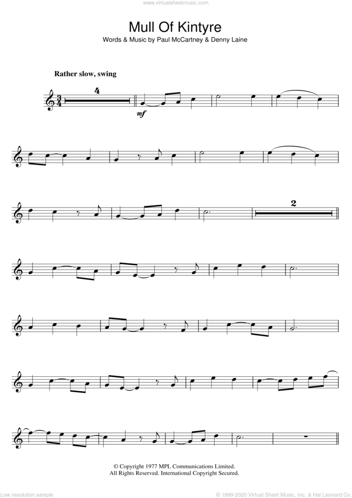 Mull Of Kintyre sheet music for clarinet solo by Wings, Denny Laine and Paul McCartney, intermediate skill level