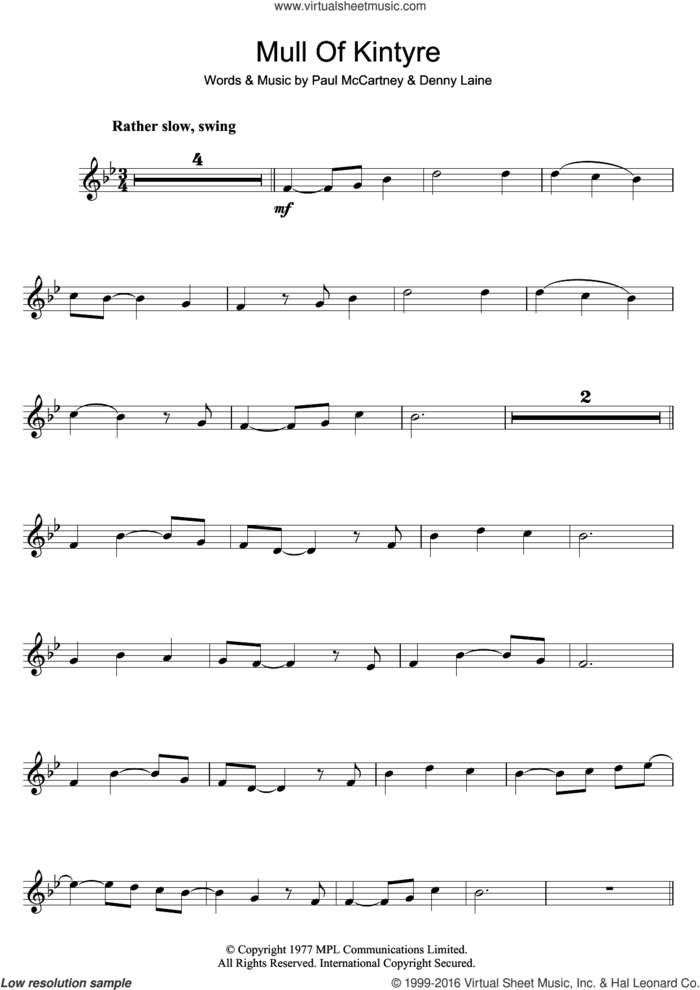 Mull Of Kintyre sheet music for flute solo by Wings, Denny Laine and Paul McCartney, intermediate skill level