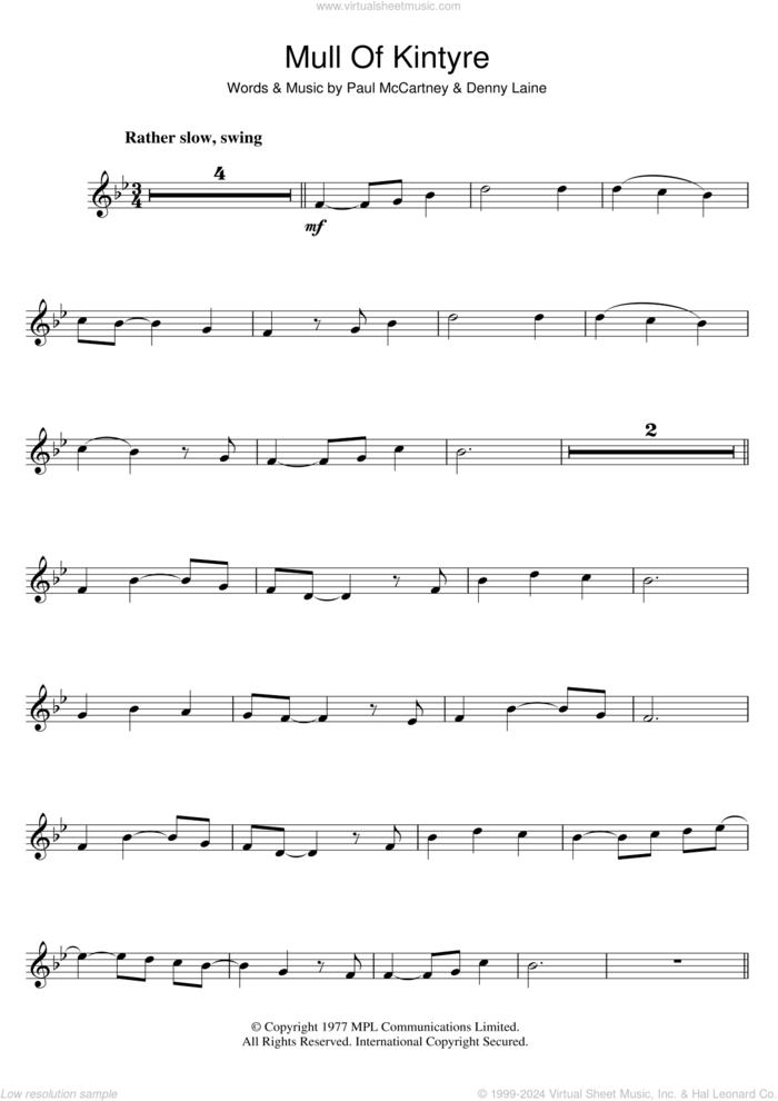 Mull Of Kintyre sheet music for flute solo by Wings, Denny Laine and Paul McCartney, intermediate skill level