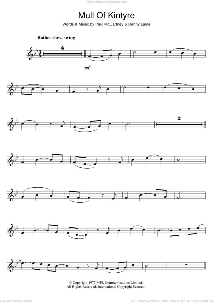 Mull Of Kintyre sheet music for violin solo by Wings, Denny Laine and Paul McCartney, intermediate skill level
