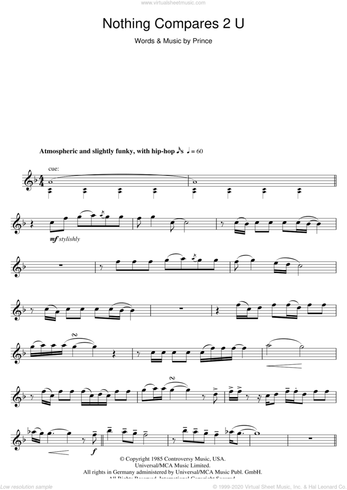 Nothing Compares 2 U sheet music for flute solo by Sinead O'Connor and Prince, intermediate skill level