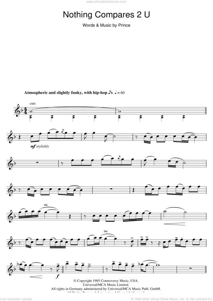 Nothing Compares 2 U sheet music for flute solo by Sinead O'Connor and Prince, intermediate skill level