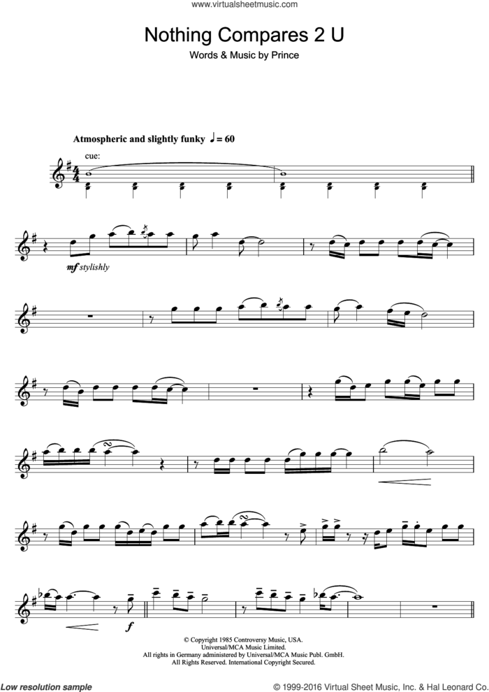 Nothing Compares 2 U sheet music for tenor saxophone solo by Sinead O'Connor and Prince, intermediate skill level