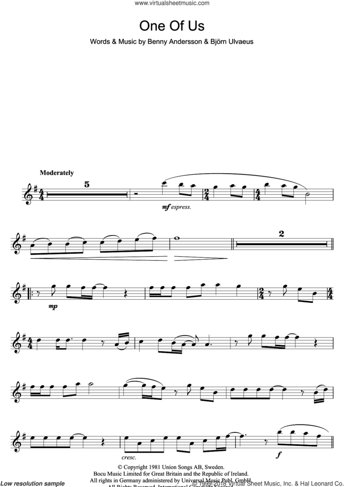 One Of Us sheet music for flute solo by ABBA, Benny Andersson and Bjorn Ulvaeus, intermediate skill level