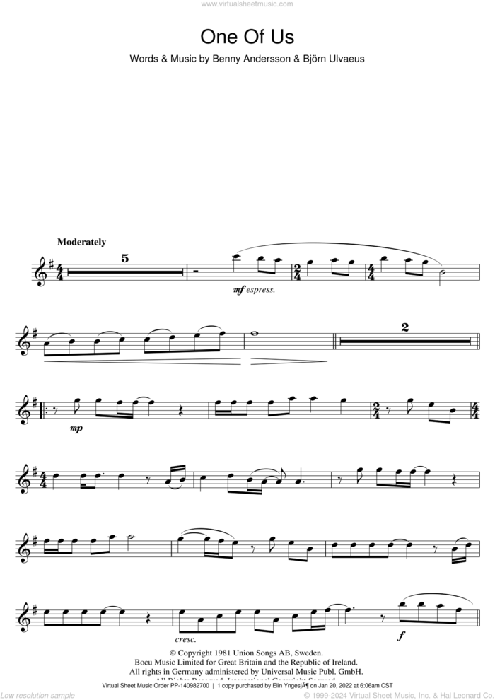 One Of Us sheet music for flute solo by ABBA, Benny Andersson and Bjorn Ulvaeus, intermediate skill level