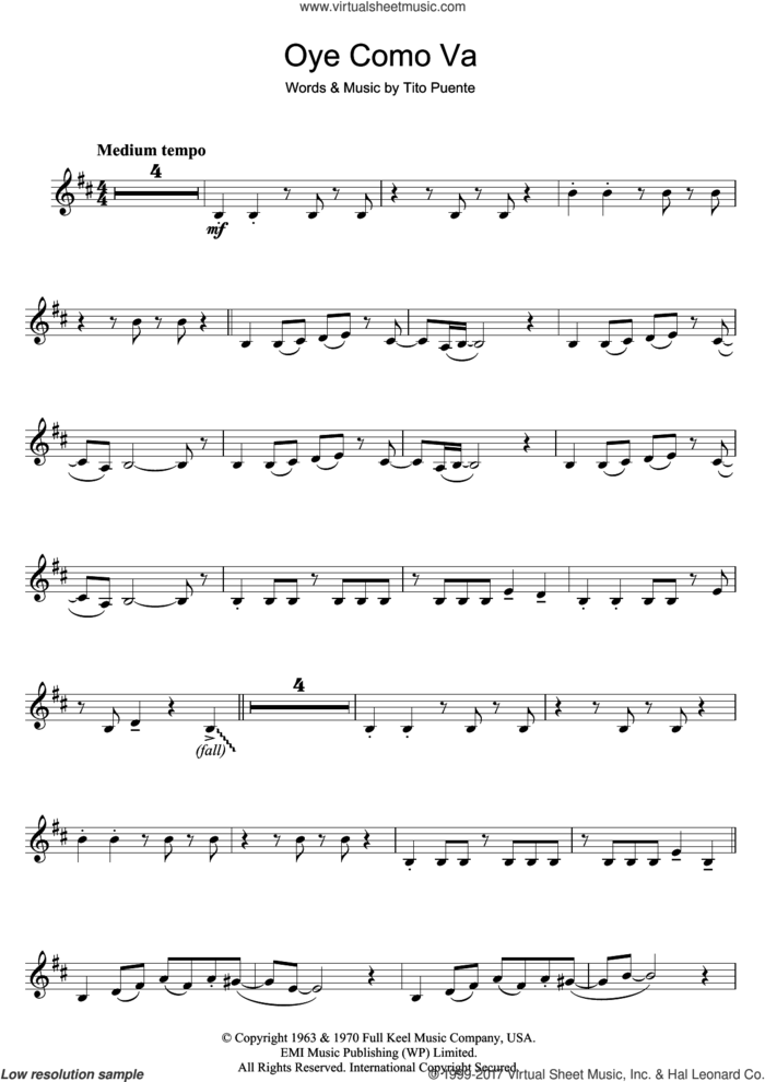 Oye Como Va sheet music for clarinet solo by Tito Puente and Carlos Santana, intermediate skill level