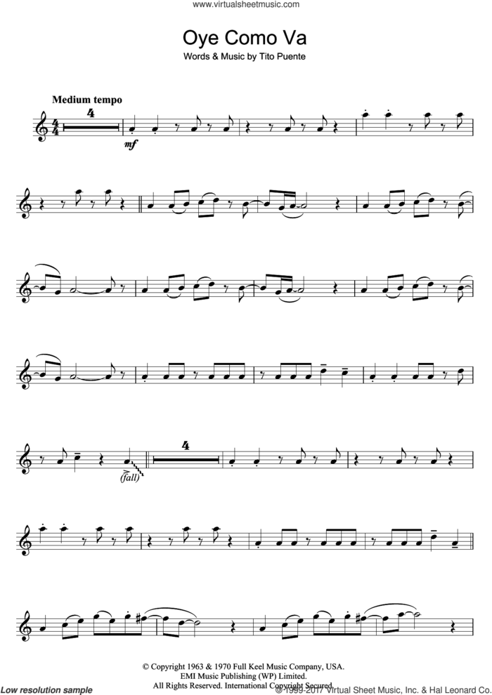 Oye Como Va sheet music for flute solo by Tito Puente and Carlos Santana, intermediate skill level