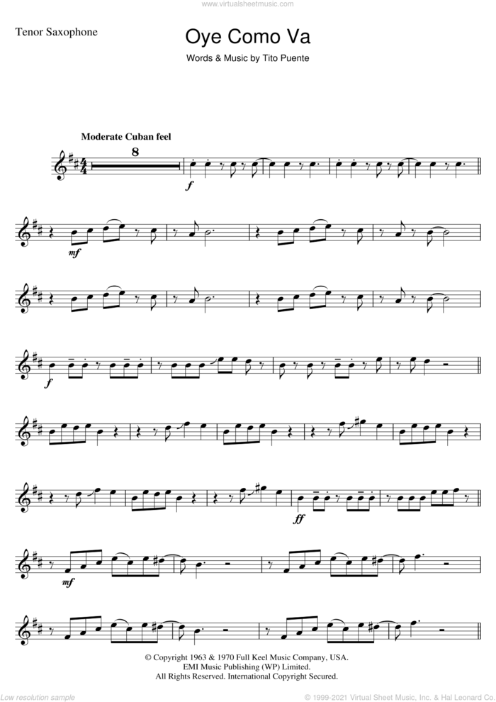 Oye Como Va sheet music for tenor saxophone solo by Tito Puente and Carlos Santana, intermediate skill level