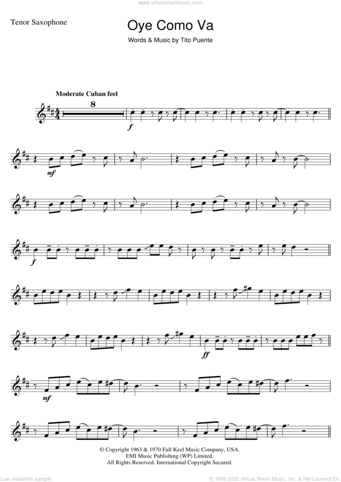 Oye Como Va sheet music for tenor saxophone solo by Tito Puente and Carlos Santana, intermediate skill level