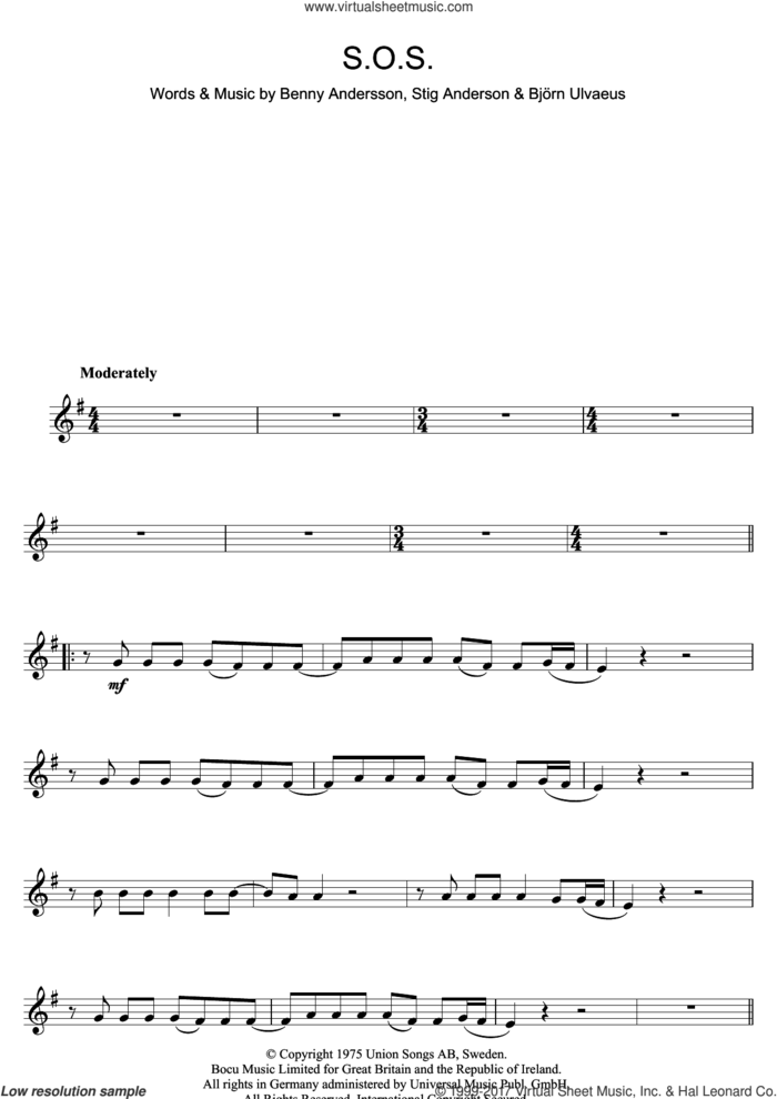 S.O.S. sheet music for clarinet solo by ABBA, Benny Andersson, Bjorn Ulvaeus and Stig Anderson, intermediate skill level