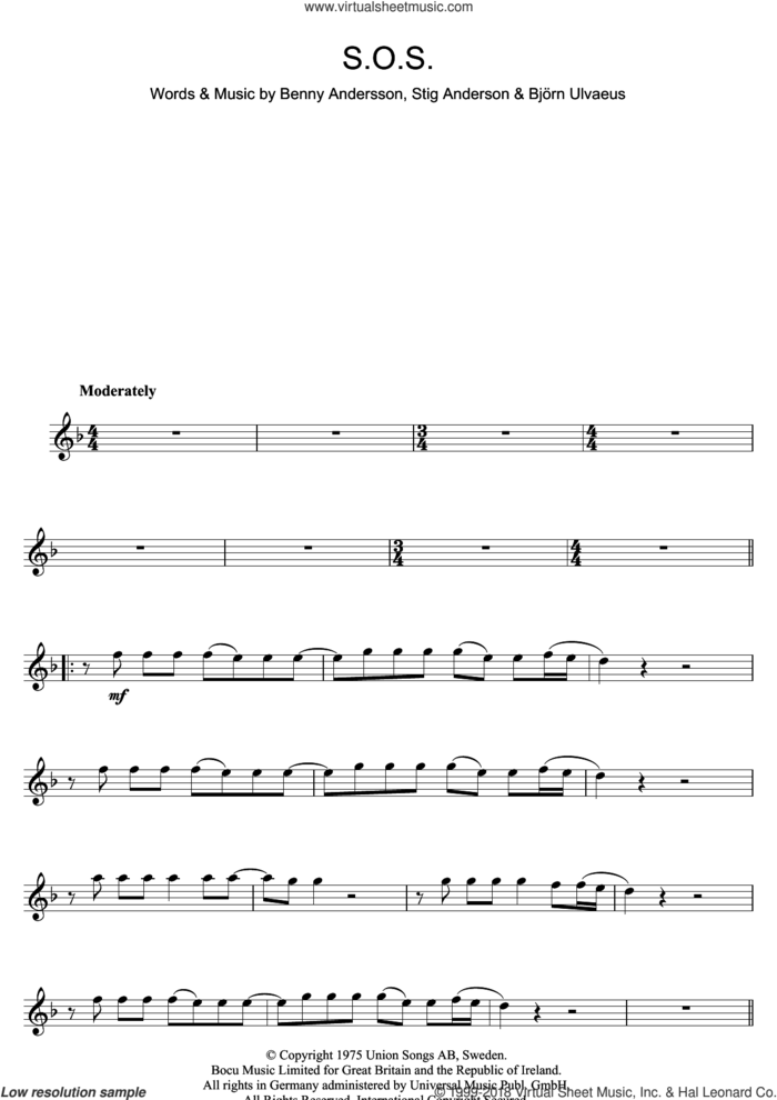 S.O.S. sheet music for flute solo by ABBA, Benny Andersson, Bjorn Ulvaeus and Stig Anderson, intermediate skill level