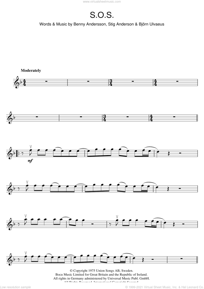 S.O.S. sheet music for violin solo by ABBA, Benny Andersson, Bjorn Ulvaeus and Stig Anderson, intermediate skill level