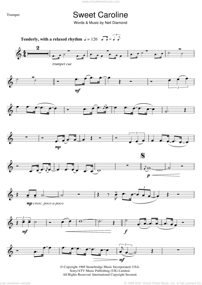 Sweet Caroline sheet music for trumpet solo by Neil Diamond, intermediate skill level